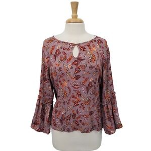 Daytrip Womens XXL Mauve Paisley‎ Bell Sleeve Keyhole Neck Boho Tunic Top